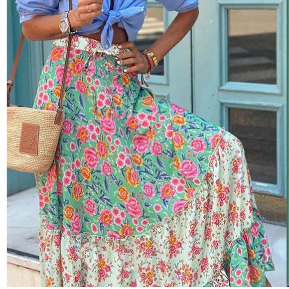 Boho Mint Floral Print Ruffle Hem Maxi Skirt - Picture 3 of 5